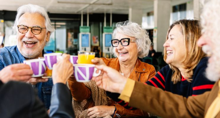Group of laughing retirees raising mugs in a toast at a cafe